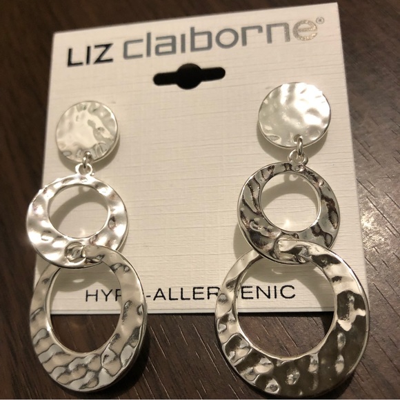 2” Liz Claiborne Hypoallergenic Silver Tone Round Circles Dangle earrings B22 - Picture 2 of 9